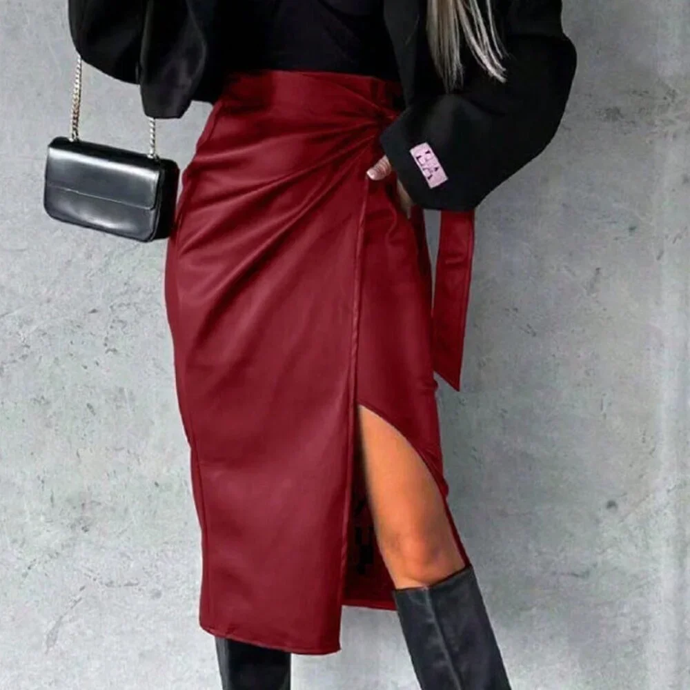Red Elegant Women's High Waist Slit Lace-Up Punk Style Skirt